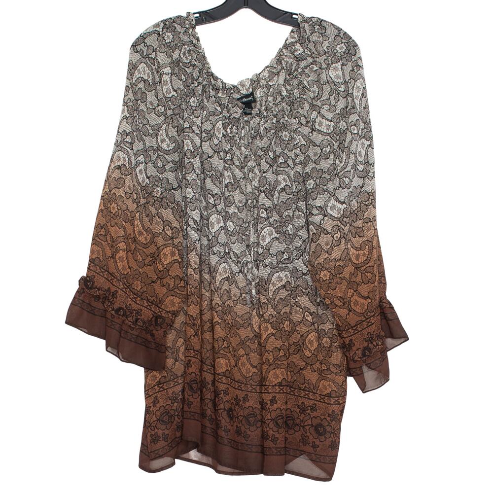 Maggie Barnes Top Floral Paisley Sheer Boho Off Shoulder Resort Brown Size 5X